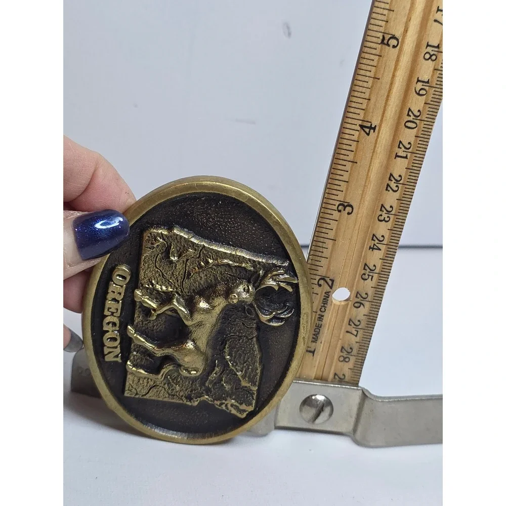 Vintage 1978 Oregon State Buck Deer Solid‎ Brass Belt Buckle Bergamot Franklin